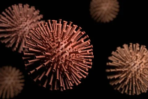 Coronavirus (CoV). Virus cell in microscope. 3D rendering. Stock Illustration