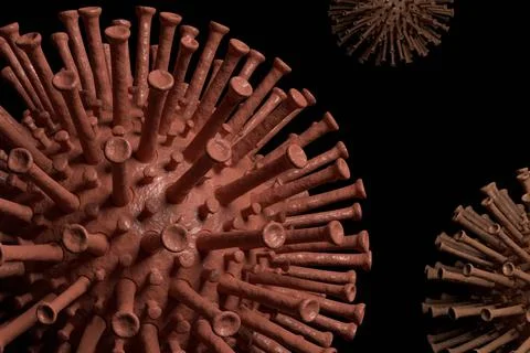 Coronavirus (CoV). Virus cell in microscope. 3D rendering. Illustrazione stock