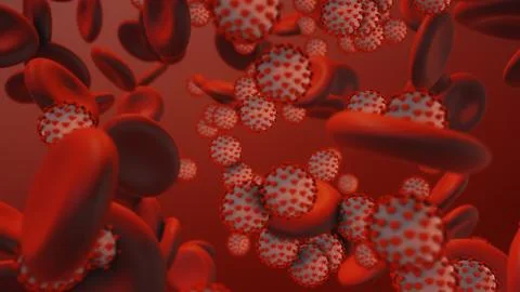 Coronavirus COVID-19. 3d render of coronavirus particles in human blood Illustrazione stock
