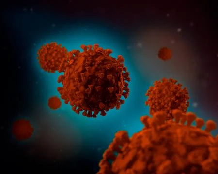 Coronavirus Covid-19 3D Render Illustration Microscopic Red Virus Dark Backgound Ilustración de archivo