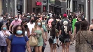 Coronavirus Covid-19 Europe, Crowded Shopping Street Face Masks Stock Footage