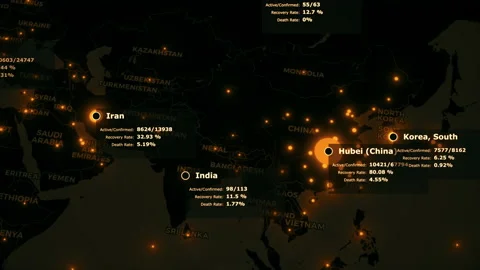 Coronavirus COVID-19 global map of virus spreading with statistics and pandemic Stock Footage 147729541