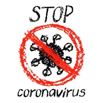 Coronavirus crayon or chalk hand drawing icon. Red prohibit freehand sign Stock Illustration