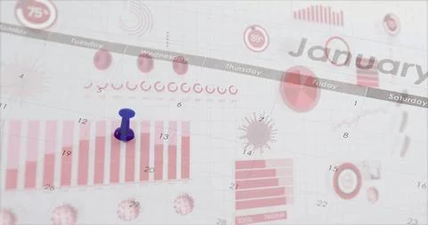 Coronavirus digital interface against push pins marking on calendar Stock Illustration