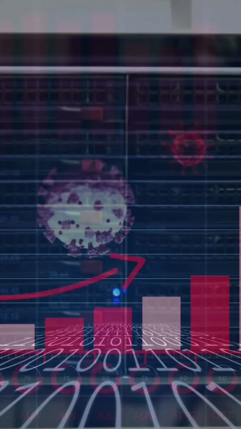 Coronavirus digital interface over binary coding against server room Stock Footage 319067476