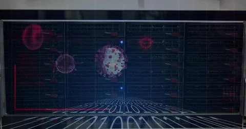 Coronavirus digital interface over binary coding against server room 库存插图