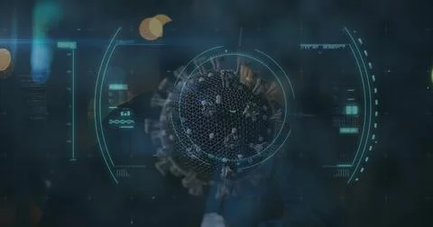 Coronavirus digital visualization with futuristic data interface in virtual Illustrazione stock