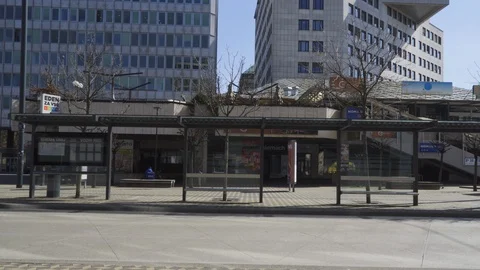Coronavirus - empty BUS stops, no passengers, ambulance passing by. Stock Footage 126575106