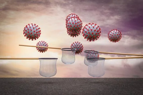Coronavirus falling from sky and the nets try to catch them at sunset magenta Stock Illustration