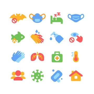 Coronavirus flat icon set. SARS-CoV-2 epidemic elements collection Stock Illustration