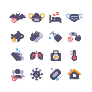 Coronavirus flat icon set. SARS-CoV-2 epidemic elements collection 스톡 일러스트