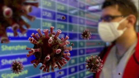 Coronavirus floating on air while man wearing protective mask at airport -Dan Stock Footage 147353589