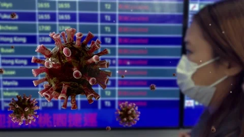 Coronavirus floating on air while woman wearing protective mask at airport-Dan Stock Footage 147354619