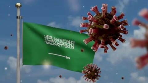 Coronavirus floating over Kingdom Saudi Arabia flag. KSA pandemic Covid 19-Dan Stock Footage 148181726