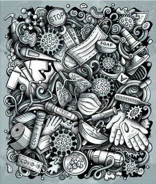 Coronavirus hand drawn vector doodles illustration. Toned funny picture Stock Illustration