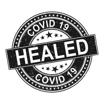 Coronavirus healed vector badge. black stamp with viruses cells. Illustrazione stock