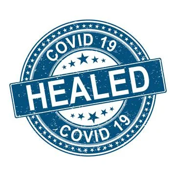 Coronavirus healed vector badge. blue stamp with viruses cells. Illustrazione stock