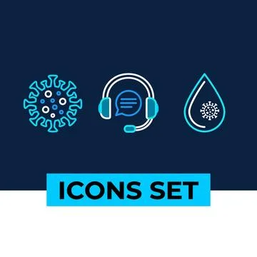 Coronavirus icon, headset with speech bubble for support, and water drop wi.. Stock Illustration