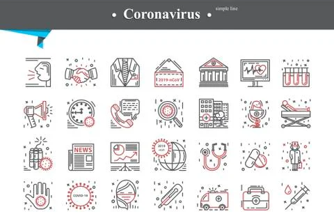 Coronavirus icon set thin line gray and red isolated on a white background. Stock Illustration