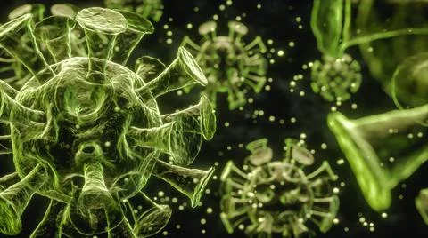Coronavirus infection with copy space, microscope view. 3d Render Illustrazione stock