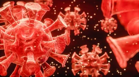Coronavirus infection with copy space, microscope view. 3d Render Illustrazione stock