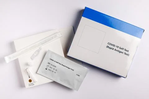Coronavirus lateral flow self test kit on white background Stock Photos