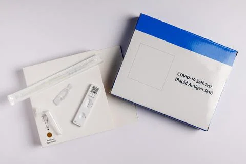 Coronavirus lateral flow self test kit on white background Stock Photos