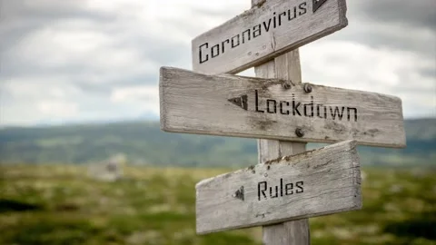 Coronavirus lockdown and rules text on wooden signpost outdoors in nature. Stock Footage 170631194