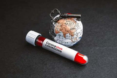 CORONAVIRUS LOCKDOWN text with world globe, key and Blood test vacuum tube on Fotos Stock