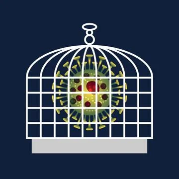 Coronavirus locked in bird cage on dark backdrop Stock Illustration