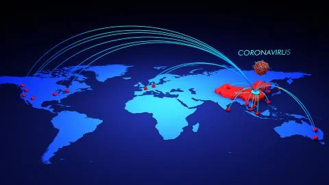 Coronavirus Map, Tracking the Spread of the Outbreak in the world map Stock Illustration
