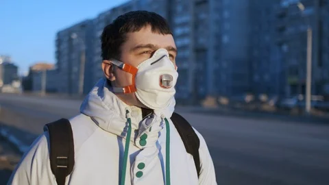 Coronavirus Mers. Man Walk Empty City Street Quarantine. Lockdown Masked People. Stock Footage 129128608