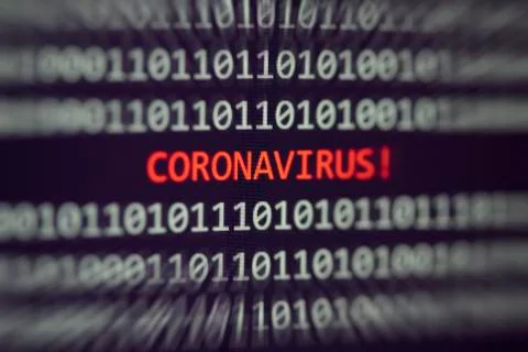 Coronavirus message on display screen technology binary code data alert error 스톡 사진