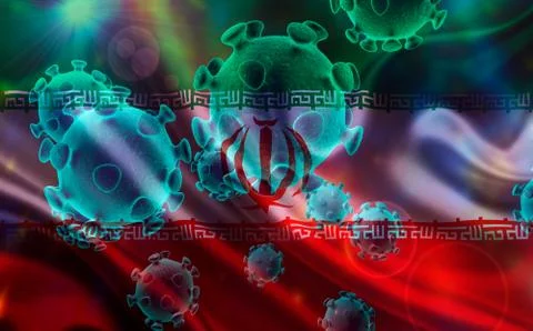Coronavirus microscope on the flag of the Islamic Republic of Iran . Coronavi Stock Illustration