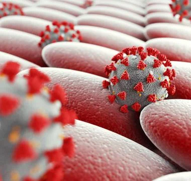 Coronavirus microscopic view. Respiratory System. Floating influenza virus cells Stock Illustration