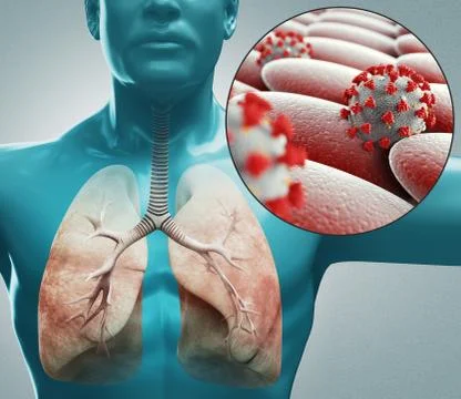 Coronavirus microscopic view. Respiratory System. Floating influenza virus cells Stock Illustration