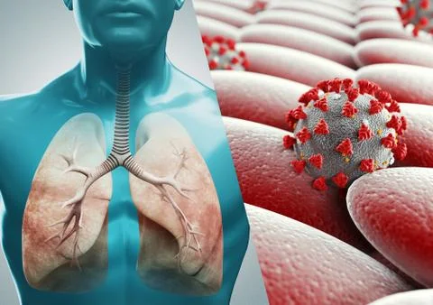 Coronavirus microscopic view. Respiratory System. Floating influenza virus cells Stock Illustration