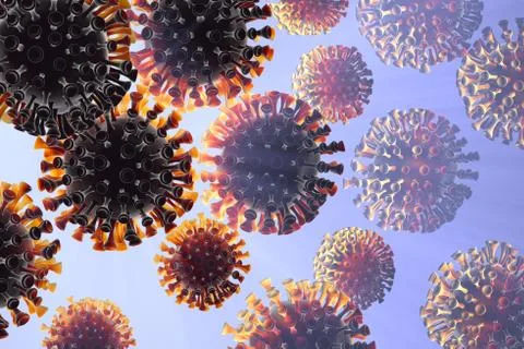 Coronavirus molecules distributed over the frame field. Microscopic photography Stock Illustration