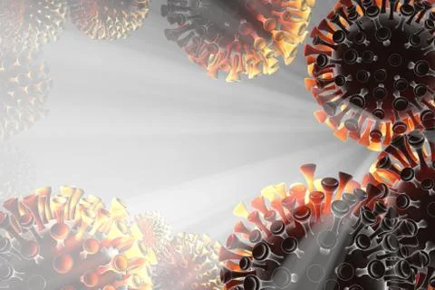 Coronavirus molecules distributed over the frame field. Microscopic photography Illustrazione stock