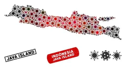 Coronavirus Mosaic Java Island Map with Grunge Stamps Stock Illustration