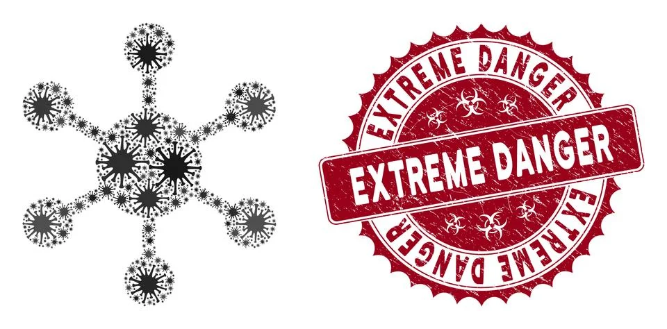 Coronavirus Mosaic Network Node Icon with Textured Extreme Danger Stamp Stock Illustration