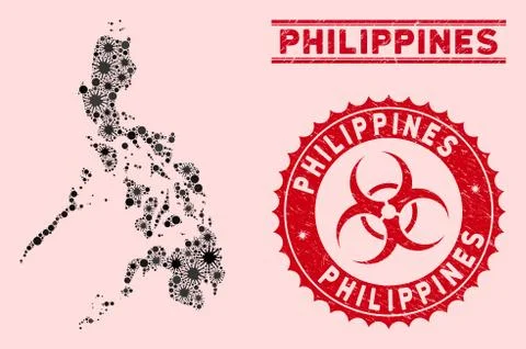 Coronavirus Mosaic Philippines Map with Distress Biohazard Stamps Stock Illustration