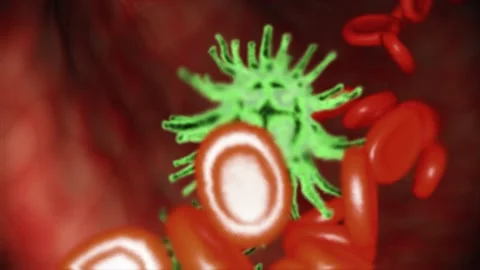 Coronavirus or bacterias Flying through realistic blood vessel attack bloodcells Stock Footage 132933067