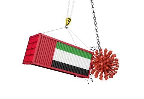 Coronavirus outbreak crashing into UAE cargo container. 3D Render Illustrazione stock