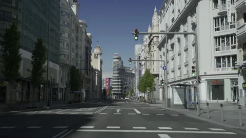 Coronavirus Outbreak in Spain: Empty Gran Via during lockdown Stock Footage 132631040