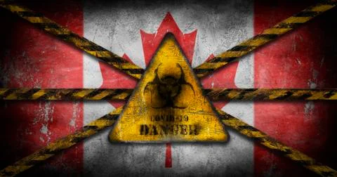 Coronavirus outbreak. Worn Biohazard warning sign over flag of Canada Stock Illustration
