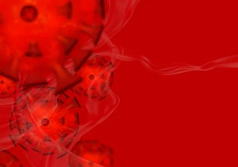 Coronavirus particles on red background with copy space, 3D render Stock Illustration