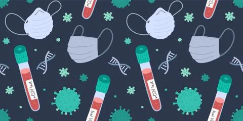 Coronavirus pattern with blood test and protective medical masks, seamless Stock Illustration