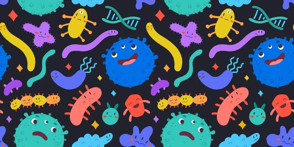 Coronavirus pattern, various kinds of viruses under microscope, cute cartoon Stock Illustration