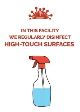Coronavirus poster with the text: In this facility we regularly disinfect hig Stock Illustration